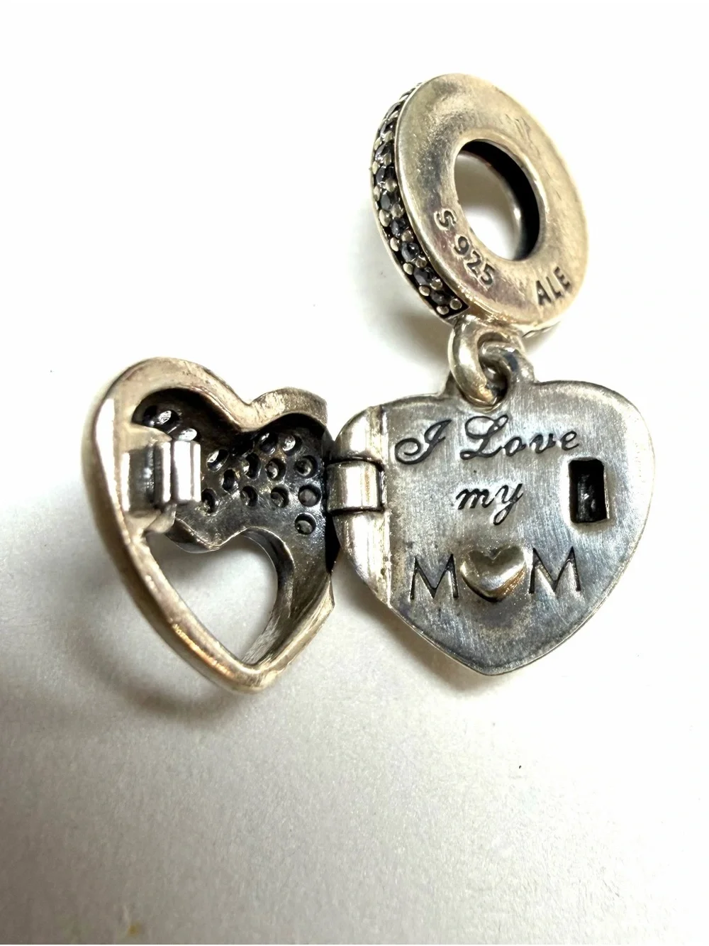 Pandora Sterling Silver I Love My Mom Heart Locket Dangle Charm